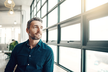 Image showing Thinking, focus and businessman at window, creative startup and business project for entrepreneur at design agency. Proud boss with creativity, ideas and focus, man with plan for future in workplace.