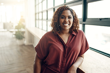 Image showing Confidence, portrait and happy woman at office window, creative startup and business project for female entrepreneur. Leadership, creativity and focus, businesswoman boss in workplace with happiness.