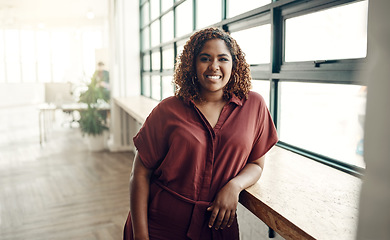 Image showing Business, smile and portrait of woman at office window, creative startup and project for entrepreneur at design agency. Proud boss with creativity, job ideas and focus, businesswoman in workplace.