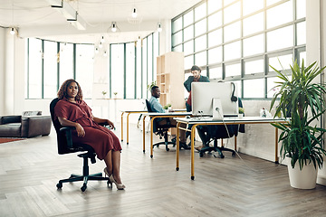 Image showing Portrait, pride and black woman in chair at office, boss with creative ideas for project or entrepreneur at design agency. Leader with creativity, idea and African businesswoman with pride at work.