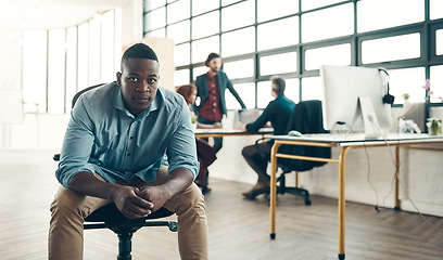 Image showing Portrait of black man, leadership and startup entrepreneur boss with creative ideas for business project. Leader with creativity, ideas and African businessman with pride in designer tech workspace.