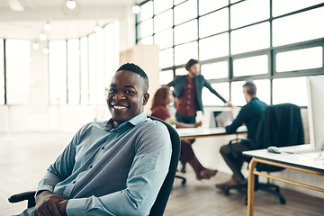 Image showing Portrait of black man with smile at office, creative startup entrepreneur with ideas for business project. Leader with creativity, ideas and happy African businessman with plan in designer workspace.