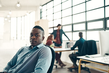 Image showing Portrait of black man at office, boss and startup entrepreneur with creative ideas for business project. Leader with creativity, ideas and African businessman with plan in designer tech workspace.