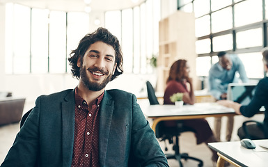 Image showing Creative office, portrait of happy man in coworking space or design agency, start up business and entrepreneur at studio. Boss with creativity, ideas and happiness, businessman with success and smile