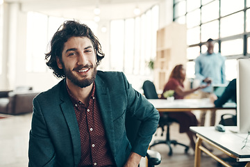 Image showing Portrait, startup and happy man at start up office, creative business project and entrepreneur at design agency. Boss with creativity, ideas and happiness, businessman with plan in designer workspace