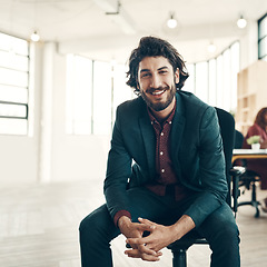 Image showing Portrait, startup and smile, man in chair at office, creative ideas for business project or entrepreneur at design agency. Boss with creativity, idea and happiness, businessman with plan in workspace