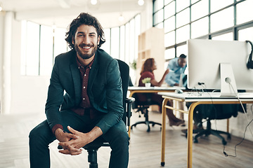 Image showing Portrait, creative agency and smile, man in chair at office, new ideas for business and entrepreneur in tech design. Happy boss with creativity, idea and happiness, businessman with plan in workspace