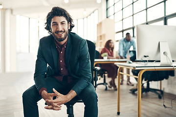 Image showing Portrait, confidence and happy man in modern office, creative boss for business project or entrepreneur at design agency. Leader with creativity, idea and happiness, businessman in chair in workspace