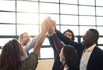 Image showing Business people, group and high five for teamwork, collaboration or team building in office. Hands of diversity men and women together for corporate support, solidarity and mission or motivation