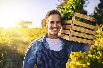 Image showing Man, farm and crate with produce in portrait with harvest, success and happiness for agriculture. Male farmer, box and leaves for vegetables, growth and happy in countryside for sustainable business