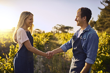 Image showing Farmer b2b, team handshake and partnership for sustainability deal in countryside on farm. Agriculture, thank you and collaboration agreement in nature with farming worker and sustainable business