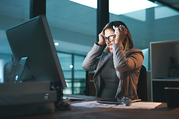 Image showing Computer, frustrated and business woman in office with glitch or 404 problem while working at night. Headache, angry and female person with depression, anxiety or burnout and stress for deadline.