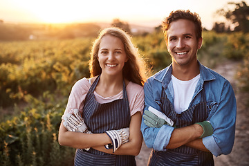 Image showing Happy couple, arms crossed and portrait for farming, outdoor agriculture for plants, food and vegetables. Woman, man and together in countryside, garden or farm for happiness, start or sustainability