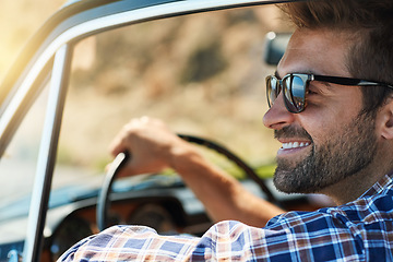 Image showing Road trip, travel and man in window of car driving for adventure, summer vacation and holiday. Transportation, relax and face of male person in motor vehicle for freedom, journey and happy on weekend