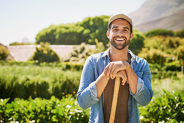 Image showing Farming, spade and portrait of man or farmer in agriculture, sustainable garden or small business owner in field. Farm, land and face of happy person with plants, eco friendly and agro sustainability