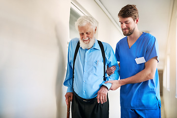 Image showing Senior patient, nurse and help walking, moving or healthcare in nursing home, retirement and medical caregiver. Elderly, person with a disability and support from doctor or health care in hospital