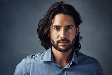 Image showing Beard, long hair and portrait of business man with confidence on gray studio background. Face, businessman and model with professional style of entrepreneur, manager or formal corporate worker
