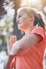 Image showing Woman, yoga and meditation with prayer pose, namaste and fitness outdoor with wellness, spiritual and low angle. Female person meditate, zen and exercise with healing, mindfulness and praying