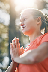 Image showing Hands, yoga and meditation with woman, praying with fitness outdoor and wellness, spiritual and low angle. Sunshine, female person meditate and zen with exercise, healing and mindfulness with prayer