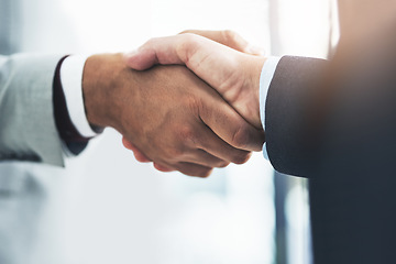 Image showing Deal, business people and handshake by men for b2b partnership, welcome and hiring success. Thank you, shaking hands and person team in recruitment agreement, promotion or onboarding negotiation