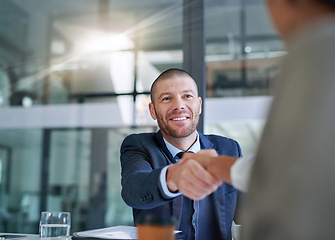 Image showing Businessman, handshake and meeting for hiring, recruitment or b2b agreement in deal at office. Happy business people shaking hands in recruiting, teamwork or introduction and welcome at the workplace