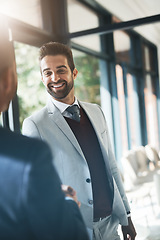 Image showing Businessman, handshake and partnership in meeting for b2b agreement, hiring or deal at the office. Happy business people shaking hands in recruiting, teamwork or welcome introduction at the workplace