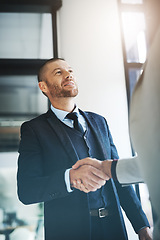 Image showing Businessman, handshake and partnership for meeting, hiring or b2b agreement in deal at office. Business people shaking hands for recruiting, teamwork or collaboration and introduction at workplace