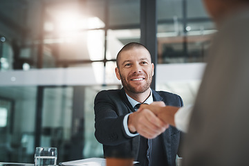 Image showing Business people, handshake and partnership in meeting for hiring, deal or b2b agreement at office. Happy businessman shaking hands in recruiting, teamwork or introduction and welcome at the workplace