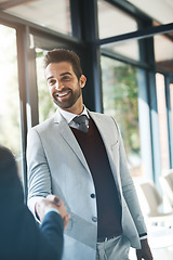 Image showing Businessman, handshake and partnership in meeting for deal, b2b agreement or hiring at the office. Happy business people shaking hands in recruiting, teamwork or welcome introduction at the workplace