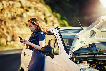 Image showing Breakdown on road trip, car and woman with phone to search for help, roadside assistance and auto insurance. Emergency, transport and lady with engine problem, smartphone and text for online service.