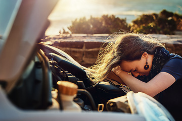 Image showing Car breakdown, sadness and frustrated woman crying for help from roadside assistance and auto insurance service. Emergency, transport and lady with broken engine problem, defeat and road trip crisis.