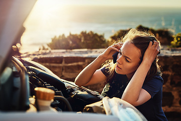 Image showing Breakdown, car insurance and phone call for woman stress in help, roadside assistance and auto services. Emergency, transport and lady with engine problem, smartphone and road trip crisis at sunset