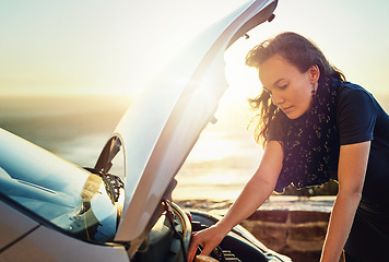 Image showing Breakdown, car and woman checking engine problem waiting for roadside assistance and auto insurance service. Emergency, transport crisis and girl on road trip with motor problems looking under hood.