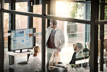 Image showing Corporate meeting, window and people presentation, company statistics and data analytics, charts or graphs. Speaker, business manager or man and staff with infographics, revenue or profit on screen