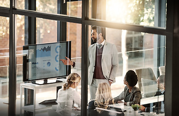 Image showing Business meeting, presentation and people with manager on screen statistics, data analytics and charts or graphs. Speaker or man speaking to employees with infographics, revenue and profit on monitor