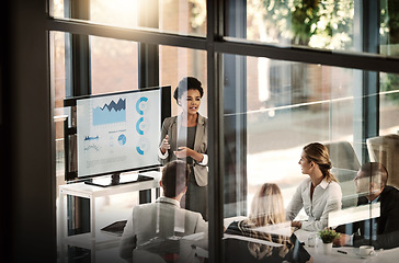 Image showing Business meeting, window and people presentation, company statistics and data analytics, charts or graphs.. Speaker, manager or african woman with staff for work results, revenue and profit on screen