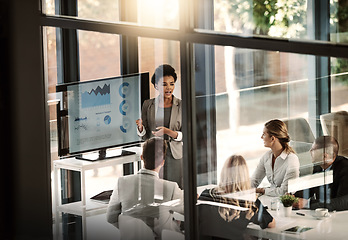 Image showing Business meeting, window and woman in presentation, statistics and data analytics, charts or infographics graphs. African leader, speaker or people listening for results, revenue or profit on screen