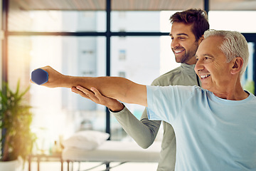 Image showing Happy, weights and a man with a physiotherapist for exercise, fitness rehabilitation and wellness. Smile, support and a senior patient with a doctor or coach for weightlifting and training for health