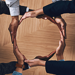 Image showing Above, recycle or hands of business people in circle for motivation, support or sustainability in office. Teamwork, recycling or employees for sustainable goals, community help or partnership group