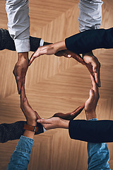 Image showing Synergy, motivation or hands of business people in circle for sustainability, support or recycling in above office. Teamwork, recycle or employees for sustainable, community help or partnership group