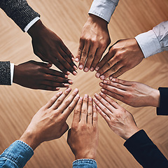 Image showing Above, community or hands of business people for support, teamwork or group collaboration in office. Zoom, diversity or employees with diversity, inclusion or mission for partnership goals together