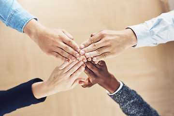 Image showing Teamwork, high five or hands of business people winning with support for faith, motivation or planning in office. Link, winners or above of employees in collaboration with hope or mission together