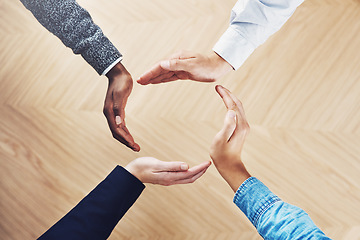 Image showing Teamwork, recycling or hands of business people in circle for motivation, support or sustainability in office. Diversity, recycle or above of employees for goals, community help or partnership group