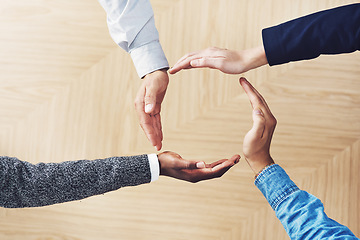 Image showing Diversity, recycling or hands of business people in circle for motivation, support or sustainability in office. Teamwork, recycle or above of employees for goals, community help or partnership group