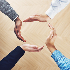 Image showing Teamwork, recycling or hands of business people in circle for motivation, support or sustainability in office. Diversity, recycle or above of employees for goals, community help or partnership group