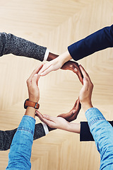 Image showing Above, recycling or hands of business people in circle for motivation, support or sustainability in office. Teamwork, recycle or employees for sustainable goals, community help or partnership group