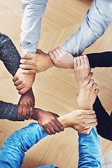 Image showing Teamwork, holding or hands of business people with diversity for office support or collaboration. Trust, link or above of group of employees with mission or team building for startup goals together