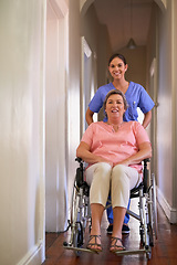 Image showing Happy woman, wheelchair and nurse with homecare helping, healthcare service and disability support. Caregiver, disabled patient or senior person, health insurance and home, adn and rehabilitation