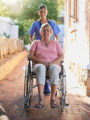 Image showing Senior woman, wheelchair and nurse in portrait for homecare, healthcare service and disability support outdoor. Caregiver helping, disabled patient or person, insurance and garden for mental health