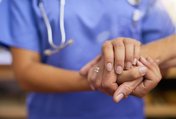 Image showing Nurse, patient and holding hands for support, healthcare service and helping, muscle exam or arthritis. Professional doctor, medical or homecare woman, hand together sign and health check or nursing